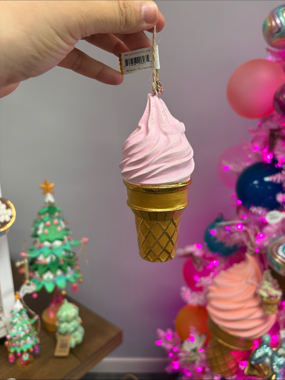 Pink Soft Serve Ice Cream Cone Ornament by Glitterville